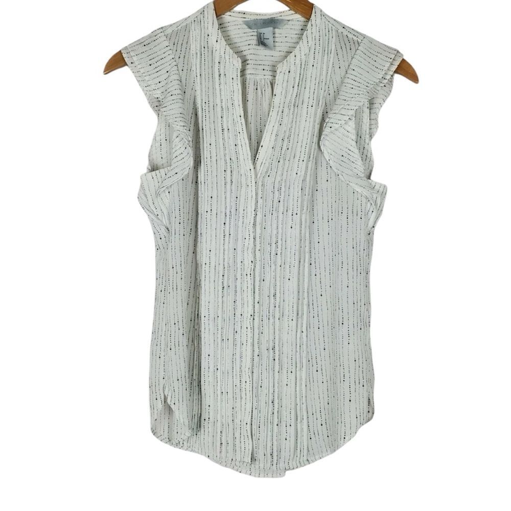 Pleated Ruffle Cap Sleeve V-Neck Button Front Blouse Top Shirt Size 4 minimalist